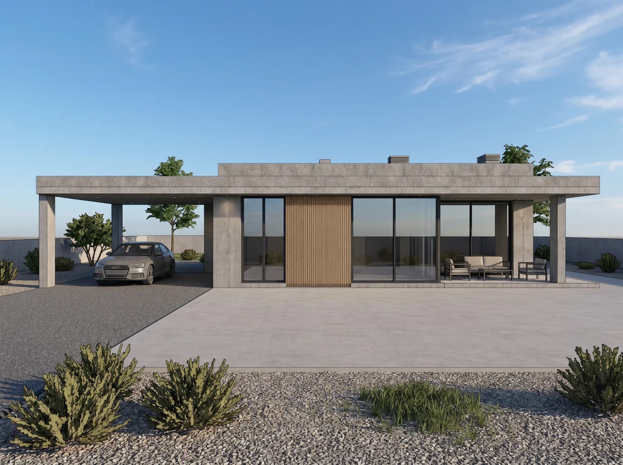 The same render after the edit: the selected concrete panel is now vertical timber cladding, and everything around it is unchanged