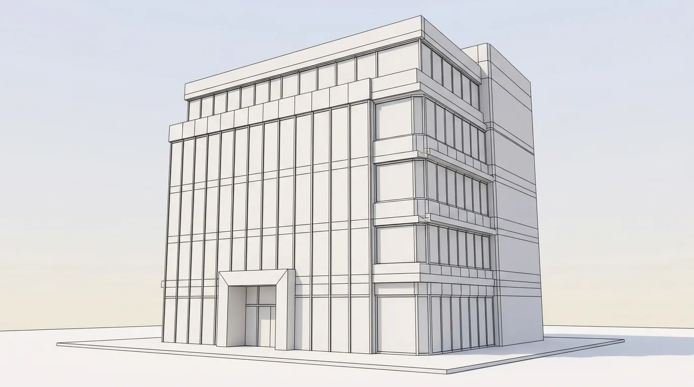 Commercial building 3D model rendered photorealistically — input