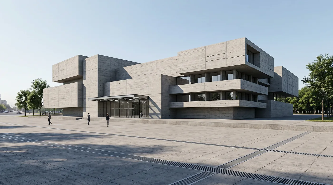 Civic facade, Brutalist — AI render