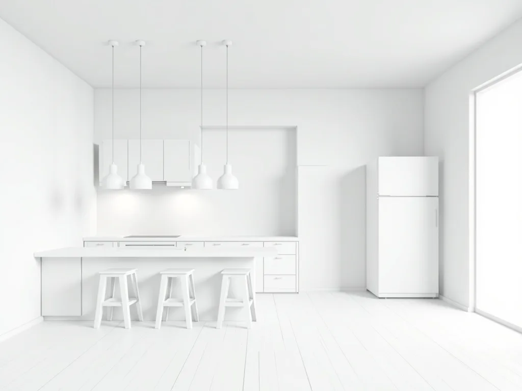 Kitchen model rendered as a photorealistic industrial kitchen — input