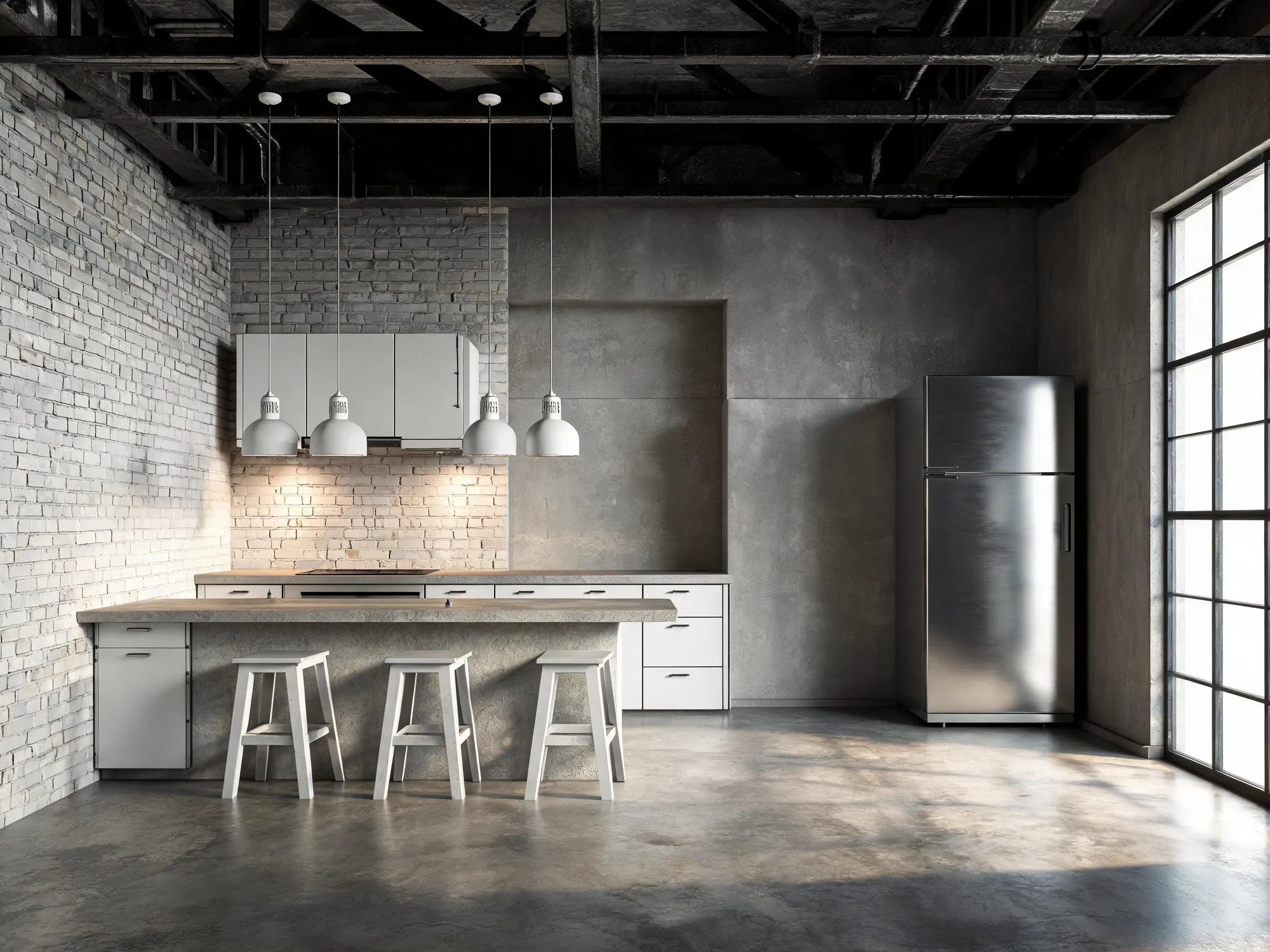 Kitchen model rendered as a photorealistic industrial kitchen — AI render