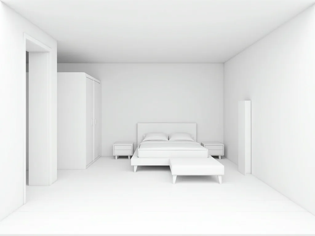 Bedroom model rendered as a photorealistic modern bedroom — input