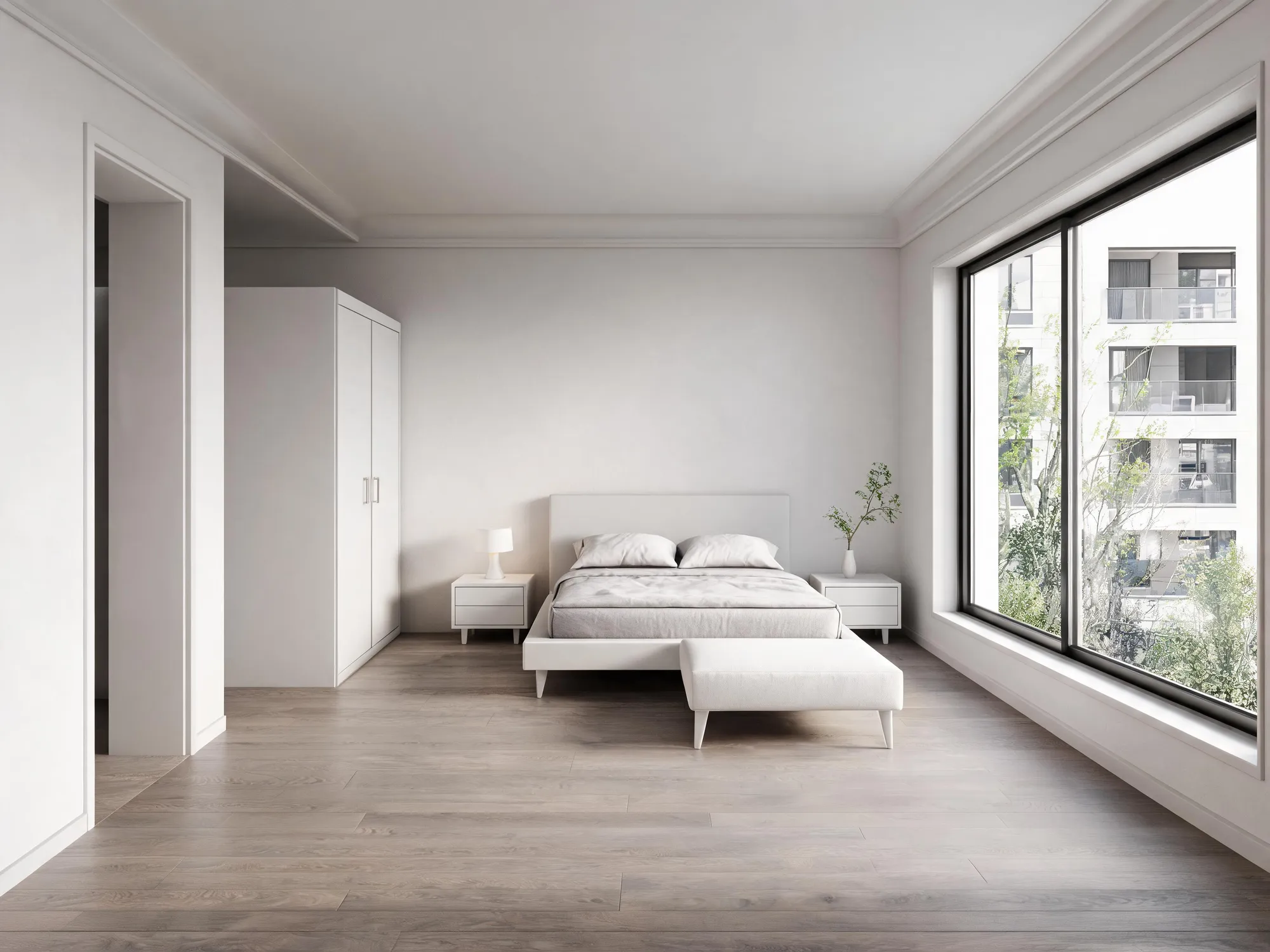 Bedroom model rendered as a photorealistic modern bedroom — AI render