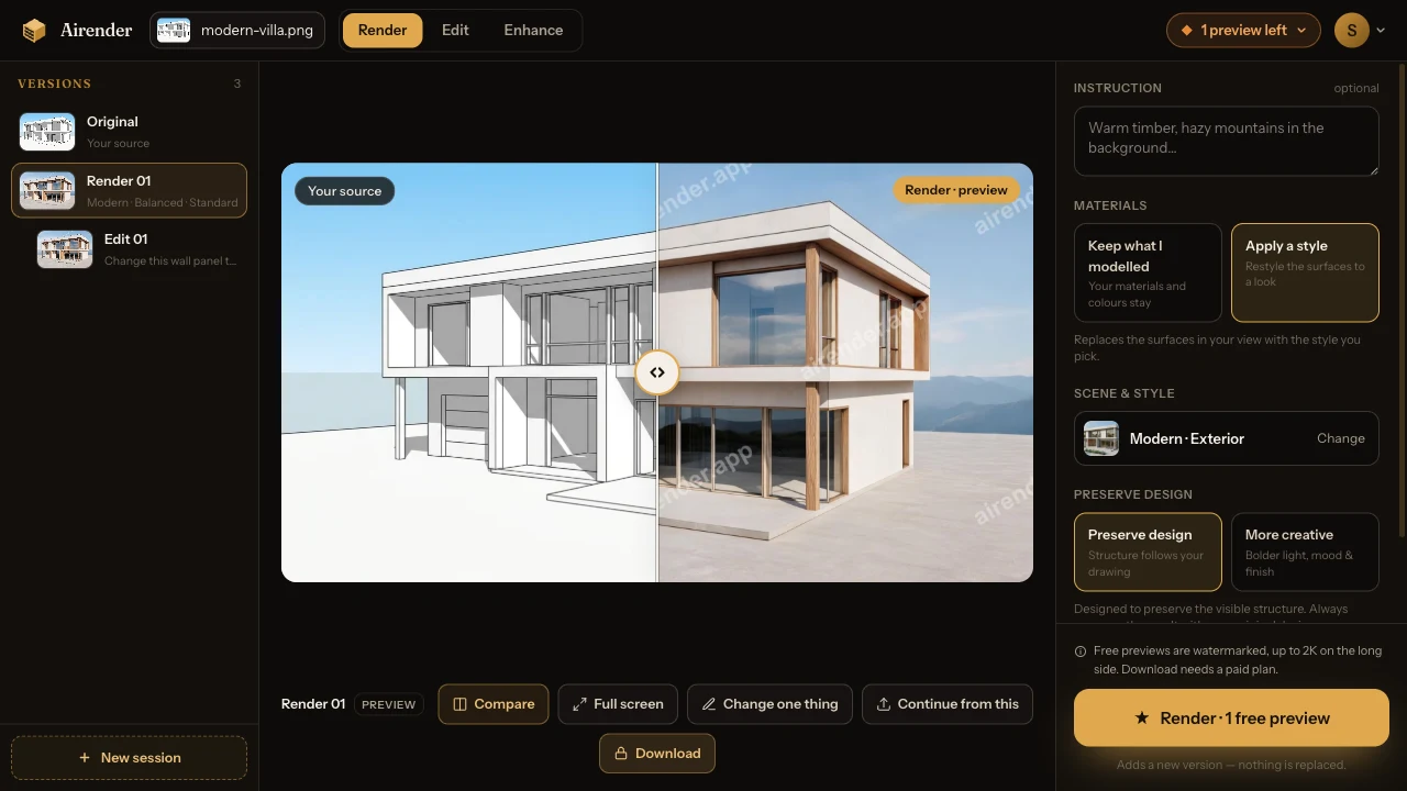 The Airender Studio on a desktop: a Versions rail holding Original, Render 01 and Edit 01, the render on the canvas beside the view it came from, and the controls for the next run