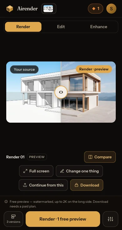The Airender Studio on a phone: Render, Edit and Enhance tabs, the render on the canvas beside the view it came from, and a bottom bar with 3 versions, the render button and settings